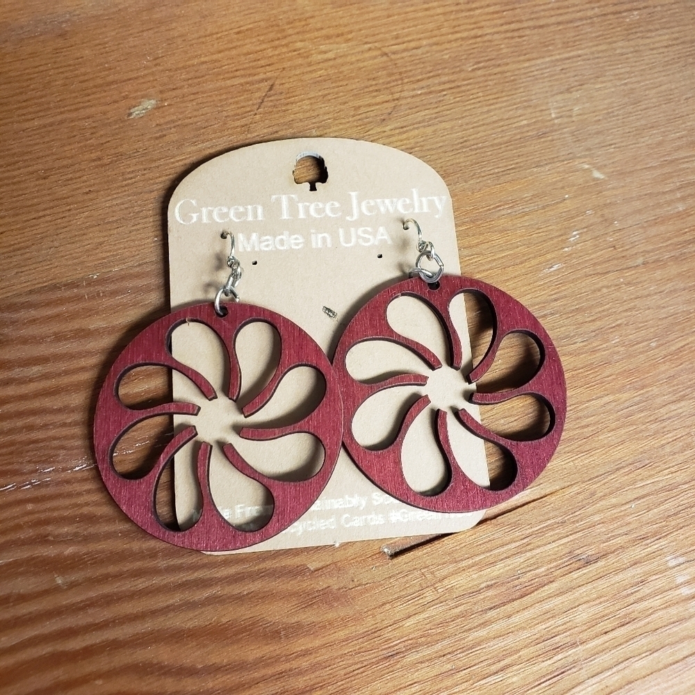 Red Earrings Handmade Circle Wood Lightweight USA